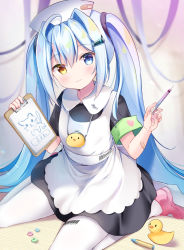Rule 34 | 1girl, ahoge, apron, armband, bad id, bad pixiv id, bandaid, bandaid on arm, barcode, black dress, blue eyes, blue hair, blush, brown eyes, character request, clipboard, closed mouth, collared dress, commentary request, crayon, dress, hair between eyes, hair ornament, hairclip, hat, head tilt, heart, heart print, heterochromia, highres, holding, holding syringe, joints, light smile, long hair, looking at viewer, masayo (gin no ame), nurse, nurse cap, original, pantyhose, pink footwear, qr code, robot joints, rubber duck, safety pin, shoes, short sleeves, sitting, smile, solo, syringe, twintails, wariza, white apron, white hat, white pantyhose, yellow eyes
