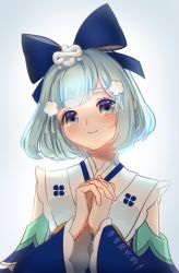 Rule 34 | 1girl, absurdres, alternate costume, blue bow, blue eyes, blue hair, bow, hair bow, hair ornament, highres, interlocked fingers, light blue hair, lingxia, onmyoji, own hands together, short hair, simple background, smile, solo, upper body, watermark, ying grass