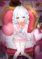 Rule 34 | 1girl, absurdres, aqua eyes, armchair, balloon, cake, chair, chocolate, commentary request, covered mouth, doughnut, feet out of frame, flower, food, frilled pillow, frills, fruit, hair between eyes, heart balloon, highres, holding, knees together feet apart, long sleeves, marshmallow, mishima ryo, on chair, original, pillow, pink sailor collar, pink shirt, pink skirt, pleated skirt, red flower, red rose, rose, sailor collar, school uniform, serafuku, shirt, sitting, skirt, sleeves past wrists, solo, strawberry, strawberry shortcake, thighhighs, white hair, white thighhighs
