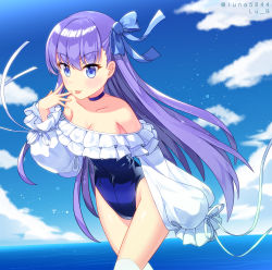 Rule 34 | 1girl, absurdres, artist name, blue eyes, blue one-piece swimsuit, blue sky, breasts, cleavage, cloud, collarbone, cowboy shot, day, fate/grand order, fate (series), highleg, highleg swimsuit, highres, long hair, looking at viewer, lu b, medium breasts, meltryllis, meltryllis (fate), meltryllis (swimsuit lancer) (fate), meltryllis (swimsuit lancer) (second ascension) (fate), one-piece swimsuit, outdoors, purple hair, sky, sleeves past fingers, sleeves past wrists, solo, strapless, strapless one-piece swimsuit, swimsuit, tongue, tongue out, twitter username