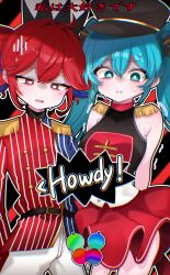 2girls :i absurdres alten alternate_costume belt black_background black_belt black_footwear black_hat blue_eyes blue_hair breasts bright_pupils buttons candy candycookiechocolate_(vocaloid) cowboy_shot disgust double-breasted double-parted_bangs food hair_between_eyes hat hatsune_miku highres kasane_teto large_breasts military_uniform multiple_girls nora_n_k22 pants pinstripe_pattern pleated_skirt pout red_background red_skirt shako_cap shirt shoulder_boards skirt utau vocaloid white_pants white_pupils