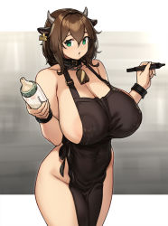Rule 34 | 1girl, animal ears, apron, areola slip, bare shoulders, bell, black apron, blush, bottle, breasts, brown hair, cleavage, collar, collarbone, covered erect nipples, cow ears, cow girl, cow horns, cowbell, green eyes, highres, horns, houtengeki, iced latte with breast milk (meme), lactation, lactation through clothes, large areolae, large breasts, looking at viewer, meme, milk bottle, naked apron, open mouth, original, short hair, solo, thighs