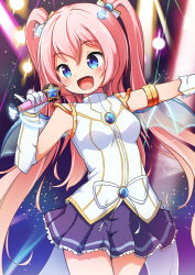 Rule 34 | 1girl, :d, angelic buster, armlet, bat wings, blue eyes, blue wings, blush, bow, commentary request, cowboy shot, elbow gloves, fang, gloves, hair between eyes, hair bow, holding, holding microphone, horns, jewelry, long hair, looking to the side, maplestory, microphone, nekono rin, open mouth, pink hair, pinky out, pleated skirt, purple skirt, shirt, sidelocks, skirt, sleeveless, sleeveless shirt, smile, solo, star (symbol), transparent wings, two side up, very long hair, white bow, white gloves, white shirt, wings