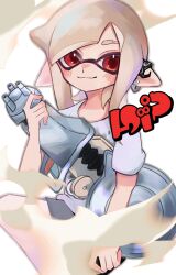 Rule 34 | 1girl, closed mouth, commentary request, earrings, eyebrow cut, gun, highres, holding, holding gun, holding weapon, icebo x x, inkling, inkling (language), inkling girl, inkling player character, jewelry, long hair, looking at viewer, nautilus (splatoon), nintendo, pointy ears, print shirt, red eyes, shirt, simple background, smile, solo, splatoon (series), splatoon 3, tentacle hair, weapon, white background, white hair, white shirt