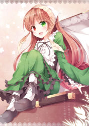 Rule 34 | 1girl, aibumi, bad id, bad pixiv id, bonnet, brown hair, commentary request, dress, frilled dress, frills, green dress, heterochromia, highres, juliet sleeves, long hair, long sleeves, open mouth, pantyhose, pen-zin, puffy sleeves, rozen maiden, sitting, smile, solo, suiseiseki, very long hair