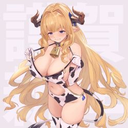Rule 34 | 1girl, animal print, bell, blonde hair, blue eyes, breasts, brown horns, cleavage, clenched teeth, clothes pull, collar, commentary request, cow print, cow print bikini, cow tail, cowbell, draph, embarrassed, fake tail, granblue fantasy, highres, horns, large breasts, long hair, looking down, navel, one-piece swimsuit, one-piece swimsuit pull, pointy ears, print bikini, razia, solo, swimsuit, tail, teeth, thighhighs, thighs, translation request, u jie