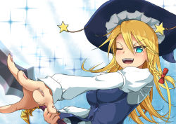 Rule 34 | 1girl, black hat, black vest, blonde hair, blouse, blue eyes, breasts, buttons, commentary request, cookie (touhou), eyes visible through hair, hair between eyes, hat, holding, holding sword, holding weapon, juliet sleeves, kirisame marisa, long hair, long sleeves, looking at viewer, medium breasts, one eye closed, open mouth, outstretched arm, puffy sleeves, ruka (cookie), shirt, solo, star (symbol), sword, tassel, teeth, touhou, upper body, upper teeth only, vest, weapon, white shirt, witch hat, yatsukahagi