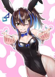 Rule 34 | 1girl, absurdres, alternate animal ears, animal ears, bare shoulders, black leotard, blue bow, blue bowtie, blue hair, blush, bow, bowtie, breasts, brown hair, cleavage, cowboy shot, daitaku helios (umamusume), detached collar, double finger heart, finger heart, fishnet pantyhose, fishnets, groin, hcstyrus ii, highres, leotard, looking at viewer, medium breasts, multicolored hair, multicolored nails, nail polish, one eye closed, outstretched arms, pantyhose, playboy bunny, rabbit ears, reaching, reaching towards viewer, side ponytail, smile, solo, two-tone hair, umamusume, wrist cuffs, yellow eyes