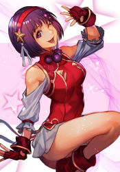 Rule 34 | 1girl, asamiya athena, blush, breasts, earrings, fingerless gloves, gloves, hair ornament, hairband, hungry clicker, jewelry, looking at viewer, medium breasts, one eye closed, open mouth, purple eyes, purple hair, red hairband, short hair, smile, snk, solo, star (symbol), star hair ornament, the king of fighters, the king of fighters xv