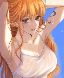 1girl absurdres armpits arms_up bare_shoulders blue_background bracelet breasts brown_eyes camisole chain chain_bracelet collarbone eyelashes fafaya gold_bracelet hair_between_eyes highres jewelry large_breasts lips long_hair looking_at_viewer nami_(one_piece) one_piece orange_hair parted_lips pink_lips see-through see-through_camisole shirt shoulder_tattoo solo spaghetti_strap sweat tattoo upper_body wavy_hair wet wet_clothes wet_shirt white_camisole