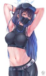 Rule 34 | 1girl, absurdres, armpits, arms up, bare arms, bare shoulders, baseball cap, black hat, black pants, black shirt, blue archive, blue eyes, blue hair, breasts, commentary request, cowboy shot, crop top, dime-san, hat, highres, leggings, long hair, looking at viewer, mask, medium breasts, midriff, mouth mask, navel, pants, partial commentary, saori (blue archive), shirt, simple background, sleeveless, sleeveless shirt, solo, standing, stomach, sweat, very long hair, white background