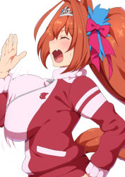 Rule 34 | 1girl, animal ears, blush, bouncing breasts, bow, breasts, brown hair, daiwa scarlet (umamusume), fang, from side, hair bow, hair intakes, horse ears, horse girl, horse tail, large breasts, long hair, mdf an, open mouth, running, solo, tail, track suit, twintails, umamusume, very long hair, zipper pull tab