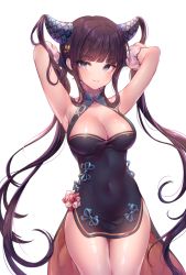Rule 34 | 1girl, arm warmers, armpits, arms up, black dress, blue ribbon, blunt bangs, blush, breasts, cleavage, cleavage cutout, closed mouth, clothing cutout, collarbone, commentary, covered navel, cowboy shot, dress, fate/grand order, fate (series), fur trim, large breasts, long hair, ozzingo, purple eyes, ribbon, short dress, sidelocks, simple background, sleeveless, sleeveless dress, smile, solo, symbol-only commentary, thigh gap, twintails, very long hair, white background, yang guifei (fate), yang guifei (second ascension) (fate)