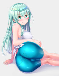 Rule 34 | 1girl, absurdres, artist request, ass, bare shoulders, bike shorts, blush, breasts, cameltoe, come hither, from behind, green eyes, green hair, highres, kantai collection, large breasts, long hair, looking at viewer, lying, on side, pantylines, shiny clothes, shiny skin, sideboob, smile, solo, suzuya (kancolle)