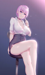 Rule 34 | 1girl, absurdres, bar stool, black choker, black skirt, blue eyes, breasts, choker, cleavage, closed mouth, collared shirt, commentary request, crossed legs, earrings, finger to cheek, go-toubun no hanayome, gradient background, high-waist skirt, highres, jewelry, large breasts, looking at viewer, nakano ichika, partially unbuttoned, pink hair, shirt, shirt tucked in, short hair, short sleeves, signature, simple background, sitting, skirt, smile, solo, stool, stud earrings, white shirt, xianyue liuyu