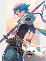 Rule 34 | 1boy, 1other, animal, blue hair, bracelet, braid, braided ponytail, cape, closed mouth, cu chulainn (fate), dagger, dog, earrings, fate/grand order, fate/grand order arcade, fate (series), floating hair, from side, highres, holding, holding staff, jewelry, knife, lack, long hair, long sleeves, male focus, official art, ponytail, puppy, red eyes, setanta (fate), single braid, slit pupils, smile, staff, tongue, tongue out, weapon