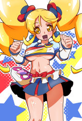 Rule 34 | 10s, 1girl, alternate form, blonde hair, blue skirt, blush, bow, breasts, brooch, crop top, cure honey, cure honey (popcorn cheer), earrings, happinesscharge precure!, heart, heart brooch, iruka-margarine, jewelry, large breasts, long hair, magical girl, md5 mismatch, midriff, multicolored clothes, multicolored skirt, navel, oomori yuuko, precure, ryuuta (cure ryuuta), shiny skin, skirt, smile, solo, star (symbol), starry background, twintails, underboob, waist bow, wrist cuffs, yellow eyes