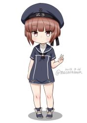 Rule 34 | 1girl, aged down, black neckerchief, blue dress, brown eyes, brown hair, clothes writing, dated, dr pepper, dress, full body, hat, kantai collection, looking at viewer, masara (chuujou), neckerchief, peaked cap, sailor collar, sailor dress, sailor hat, short hair, simple background, solo, standing, twitter username, v, white hair, z3 max schultz (kancolle)