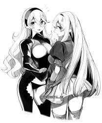 Rule 34 | 2girls, armor, blush, breasts, cape, corrin (female) (fire emblem), corrin (fire emblem), eirika (fire emblem), fire emblem, fire emblem: the sacred stones, fire emblem fates, fire emblem heroes, gloves, greyscale, hairband, large breasts, long hair, looking at viewer, looking back, medium breasts, monochrome, multiple girls, negiwo, nintendo, pointy ears, skirt, smile, standing, thighhighs