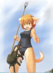 Rule 34 | ahoge, animal, animal ears, cameltoe, fang, furry, kagerofu, octopus, one-piece swimsuit, open mouth, polearm, school swimsuit, sky, spear, standing, swimsuit, tail, tears, tentacles, tentacles under clothes, trident, water, weapon, yellow eyes, you gonna get raped