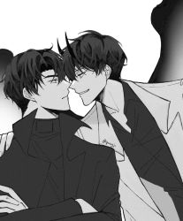 Rule 34 | 2boys, closed mouth, collared shirt, crossed arms, face-to-face, frown, greyscale, hand on another&#039;s shoulder, highres, horns, jacket, kim dokja, long sleeves, looking at another, male focus, monochrome, multiple boys, omniscient reader&#039;s viewpoint, open clothes, open jacket, shirt, short hair, simple background, smile, upper body, white background, wings, yoo joonghyuk, yuugji