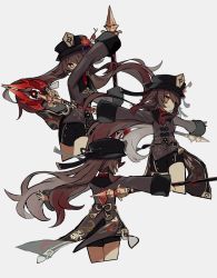 Rule 34 | 1girl, black nails, black shorts, brown coat, brown hair, coat, coattails, collared coat, colored tips, flower, flower-shaped pupils, genshin impact, hair flaps, hat, hat flower, highres, holding, holding polearm, holding weapon, hu tao (genshin impact), long hair, long sleeves, merry-san, multicolored hair, multiple views, nail polish, plum blossoms, polearm, porkpie hat, red eyes, red flower, red shirt, shirt, shorts, sidelocks, staff of homa (genshin impact), symbol-shaped pupils, tassel, twintails, very long hair, vision (genshin impact), weapon