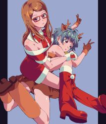 Rule 34 | 2girls, akai meganee, animal costume, antlers, blue hair, boots, bow, brown dress, brown gloves, brown hair, christmas, commentary request, crossed legs, dress, fake antlers, feet up, fur-trimmed dress, fur trim, glasses, gloves, high heel boots, high heels, highres, horns, long hair, looking at viewer, looking to the side, lying, multiple girls, off-shoulder dress, off shoulder, omega auru, on side, open mouth, pretty series, red-framed eyewear, red bow, red dress, red footwear, reindeer antlers, reindeer costume, santa dress, short hair, sitting, sitting on person, tsujii luki, v, w, waccha primagi!