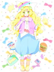 Rule 34 | 1girl, absurdres, animal ears, animal hat, arrow (symbol), bad id, bad pixiv id, blonde hair, blue skirt, blunt bangs, blush, boots, bow, burger, candy wrapper, cassette tape, cat ears, cat hat, collarbone, commentary, fake animal ears, food, full body, green eyes, green hair, grin, hair ornament, hairclip, hand up, hat, head tilt, highres, jacket, long hair, looking at viewer, multicolored clothes, multicolored hair, multicolored legwear, multicolored polka dots, open clothes, open jacket, original, pantyhose, pink jacket, polka dot, polka dot background, polka dot bow, popcorn, revision, shirt, short sleeves, skirt, skirt hold, smile, solo, standing, star (symbol), streaked hair, symbol-only commentary, tsukiyo (skymint), very long hair, white background, white bow, white shirt, yellow footwear