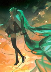 Rule 34 | 1girl, 2024, absurdly long hair, absurdres, arm tattoo, artist name, black footwear, black skirt, black sleeves, boots, collared shirt, detached sleeves, floating hair, from side, full body, green eyes, green hair, grey shirt, hair ornament, hatsune miku, head tilt, highres, holding, holding microphone, long hair, long sleeves, looking at viewer, microphone, miniskirt, number tattoo, pleated skirt, shirt, skirt, sky, sleeveless, sleeveless shirt, solo, star (sky), starry sky, tattoo, thigh boots, thighhighs, twintails, very long hair, vocaloid, wdxxxxx, wing collar, zettai ryouiki