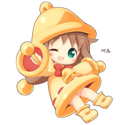 Rule 34 | 1girl, ;d, aikei ake, bell, blush, boots, bow, brown hair, chibi, dress, full body, green eyes, hat, highres, long hair, long sleeves, one eye closed, open mouth, original, personification, red bow, simple background, sleeves past wrists, smile, solo, translation request, white background, wide sleeves, yellow dress, yellow footwear, yellow hat