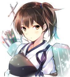 Rule 34 | 10s, 1girl, :&lt;, arrow (projectile), artist name, blue ribbon, blush, brown eyes, brown hair, collarbone, dated, dougi, flight deck, hair tie, hario 4, japanese clothes, kaga (kancolle), kantai collection, light particles, looking at viewer, machinery, muneate, quiver, ribbon, short hair, side ponytail, simple background, solo, tasuki, twitter username, upper body, white background