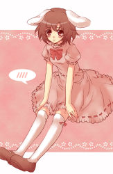 Rule 34 | 1girl, animal ears, blush, bow, bowtie, brown hair, dress, female focus, inaba tewi, koyuki (rico), mary janes, outside border, over-kneehighs, pink eyes, puffy sleeves, rabbit ears, shoes, short hair, simple background, sitting, solo, spoken blush, thighhighs, touhou, white thighhighs, zettai ryouiki