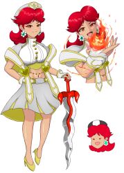 1girl beret blush breasts cosplay dark_skin earrings enuzemu_mldre fang fingerless_gloves fire flamberge_(kirby) flamberge_(kirby)_(cosplay) gloves hat high_heels jewelry kirby:_star_allies kirby_(series) large_breasts mario_(series) medium_hair nintendo open_mouth princess_daisy red_eyes red_hair skirt smile solo super_mario_land sword weapon