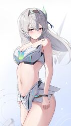Rule 34 | 1girl, bandeau, barcode, barcode tattoo, bare arms, bare shoulders, breasts, cleavage, cowboy shot, firefly (honkai: star rail), gradient background, grey background, grey hair, grey hairband, hair ornament, hairband, highres, honkai: star rail, honkai (series), long sleeves, looking at viewer, medium breasts, midriff, navel, purple eyes, solo, standing, stomach, strapless, tattoo, thighs, tube top, white background, yeni1871