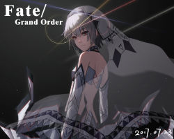 Rule 34 | 1girl, altera (fate), back, bare shoulders, black background, blunt bangs, breasts, closed mouth, commentary request, copyright name, dark-skinned female, dark skin, detached sleeves, fate/grand order, fate (series), from behind, grey hair, hair between eyes, head tilt, headdress, highres, looking at viewer, red eyes, short hair, small breasts, solo, standing, tan, ten no hoshi, veil