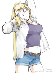 Rule 34 | 1girl, belt, blackfoxes, blonde hair, blue eyes, blue shirt, cowboy shot, earrings, fullmetal alchemist, hand on own face, jewelry, long hair, looking away, navel, ponytail, shirt, shorts, simple background, smile, solo, watermark, white background, white shirt, winry rockbell