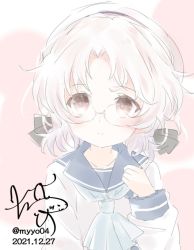 Rule 34 | 1girl, ascot, blue ascot, blue sailor collar, blush, brown eyes, chame (myyo04), closed mouth, dated, glasses, hat, hirato (kancolle), kantai collection, long sleeves, puffy long sleeves, puffy sleeves, sailor collar, sailor hat, school uniform, serafuku, short hair, signature, solo, twitter username, upper body, white hair, white hat