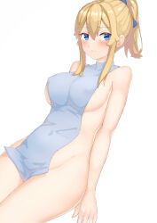 Rule 34 | 1girl, blonde hair, blue bow, blue eyes, blush, bow, breasts, closed mouth, commentary, covered erect nipples, covering privates, genshin impact, groin, hair between eyes, hair bow, jean (genshin impact), large breasts, long hair, nezunayu, nude cover, ponytail, sideboob, sidelocks, solo, thighs, white background