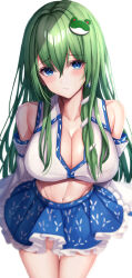 Rule 34 | 1girl, 7saki, absurdres, bare shoulders, blue eyes, blue skirt, blurry, blurry background, blush, breasts, cleavage, closed mouth, collarbone, depth of field, detached sleeves, frills, frog hair ornament, green hair, hair between eyes, hair ornament, hair tubes, hand up, highres, kochiya sanae, large breasts, long hair, looking at viewer, midriff, navel, shirt, simple background, skirt, snake hair ornament, solo, touhou, white background, white shirt