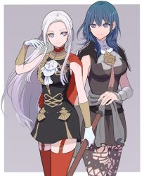 Rule 34 | 2girls, adapted costume, aiguillette, black cape, black dress, black legwear, blue eyes, blue hair, breasts, byleth (female) (fire emblem), byleth (fire emblem), cape, closed mouth, commentary, cowboy shot, dress, edelgard von hresvelg, fire emblem, fire emblem: three houses, garter straps, gloves, grey background, hair between eyes, hair ribbon, hand in own hair, highres, long hair, looking at another, looking to the side, medium breasts, medium hair, multiple girls, nieto tokage, nintendo, pantyhose, parted bangs, purple eyes, purple ribbon, red cape, red legwear, ribbon, short dress, silver hair, simple background, sleeveless, sleeveless dress, smile, standing, straight hair, thighhighs, vambraces, white gloves