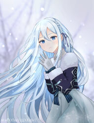 Rule 34 | 1girl, blue eyes, blue hair, blurry, blurry background, braid, closed mouth, commentary, dot nose, double-parted bangs, gloves, grey gloves, hair between eyes, hair ribbon, hands up, highres, light blue hair, long hair, long sleeves, looking at viewer, matsumatsu330, outdoors, project sekai, purple ribbon, ribbon, smile, snow, solo, twitter username, very long hair, winter, yoisaki kanade