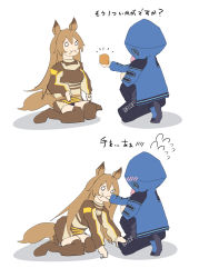 Rule 34 | 2girls, :i, animal ears, arknights, black panties, blue jacket, blue poison (arknights), breasts, brown hair, brown shirt, brown thighhighs, ceobe (arknights), closed mouth, dog ears, dog girl, dog tail, eating, flying sweatdrops, food, food on face, hair between eyes, highres, holding, holding food, hood, hood up, hooded jacket, jacket, long hair, long sleeves, medium breasts, multiple girls, no shoes, o o, panties, pink hair, puffy long sleeves, puffy sleeves, shadow, shirt, simple background, sitting, tail, thighhighs, translation request, underwear, very long hair, wariza, white background, yokaze (yokajie)