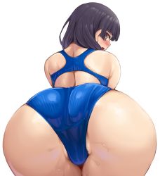 Rule 34 | ass, bare shoulders, bent over, black hair, blue one-piece swimsuit, blunt bangs, blush, brown eyes, competition swimsuit, female pubic hair, from behind, huge ass, idolmaster, idolmaster shiny colors, long hair, looking at viewer, looking back, mayuzumi fuyuko, namidame, one-piece swimsuit, open mouth, pubic hair, pubic hair peek, simple background, swimsuit, transparent background, v-shaped eyebrows, wide hips