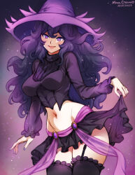 Rule 34 | 1girl, artist name, breasts, clothes lift, commentary, cosplay, creatures (company), cropped shirt, curly hair, dated, game freak, garter straps, gen 4 pokemon, hair between eyes, hat, hex maniac (pokemon), large breasts, lifted by self, light particles, long hair, midriff, mina cream, miniskirt, mismagius, mismagius (cosplay), nail polish, navel, nintendo, open mouth, pokemon, pokemon xy, purple eyes, purple hair, purple hat, skirt, skirt lift, sky, smile, solo, thighhighs, thighs, turtleneck, wavy hair, witch, witch hat