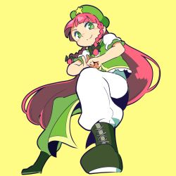 Rule 34 | 1girl, bad id, bad twitter id, beret, blunt bangs, boots, bow, braid, cross-laced footwear, female focus, from below, full body, green bow, green eyes, green footwear, green hat, green ribbon, green vest, hair bow, hair ribbon, hat, hong meiling, long hair, looking at viewer, moyazou (kitaguni moyashi seizoujo), pants, pants tucked in, pelvic curtain, puffy pants, puffy short sleeves, puffy sleeves, red hair, ribbon, short sleeves, simple background, smile, solo, touhou, tress ribbon, twin braids, very long hair, vest, white pants, yellow background