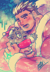 Rule 34 | &gt; &lt;, 2boys, :d, ^ ^, alternate costume, bara, biceps, blush, brown hair, chiseled face, christmas, closed eyes, facial hair, from side, goat boy, hair slicked back, hat, highres, hug, huge eyebrows, large hands, long sideburns, male focus, mini person, miniboy, multiple boys, muscular, muscular male, mutual hug, nose blush, open mouth, pectorals, protagonist 3 (housamo), salomon (housamo), santa costume, santa hat, short hair, sideburns, sideburns stubble, smile, snowflakes, snowing, solo, sparkling aura, stubble, thick neck, tokyo houkago summoners, upper body, zinpati