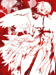 Rule 34 | 1boy, angel wings, archangel (baroque), baroque (series), blood, closed mouth, copyright name, full body, hair over one eye, injury, jitome, looking at viewer, male focus, monochrome, multiple wings, red theme, robe, short hair, solo, tbing1, wings