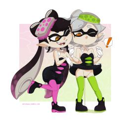 Rule 34 | !, + +, 2girls, artist name, bare shoulders, black dress, black footwear, black hair, border, breasts, callie (splatoon), cleavage, clothes lift, detached collar, domino mask, dress, dress lift, earrings, fangs, female focus, food, food on head, full body, gloves, gradient background, gradient hair, green legwear, grey hair, half-closed eyes, hands up, jewelry, knees together feet apart, leg lift, legs apart, long hair, looking down, looking to the side, marie (splatoon), mask, merunyaa, mole, mole under eye, multicolored hair, multiple girls, nintendo, no panties, object on head, one eye closed, open mouth, orange background, pantyhose, peeing, pink background, pointy ears, puddle, purple hair, purple legwear, pussy, shoes, short dress, short hair, short jumpsuit, simple background, small breasts, smile, splatoon (series), standing, standing on one leg, sushi, teeth, tentacle hair, tentacles, text focus, thighhighs, tumblr, twintails, uncensored, watermark, web address, white border, white gloves, wink