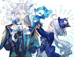 Rule 34 | 1boy, 1girl, ascot, blue coat, blue hair, bubble, coat, cup, furina (genshin impact), genshin impact, hat, holding, holding cup, long hair, low twintails, multicolored hair, neuvillette (genshin impact), open clothes, open mouth, pokira, simple background, smile, streaked hair, top hat, twintails, upper body, very long hair, white ascot, white background, white hair