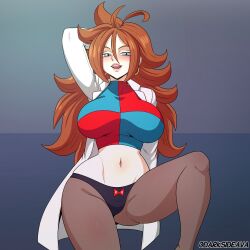 Rule 34 | 1girl, android 21, arm behind head, arm up, avalewds, bad tag, blue eyes, blush, breasts, brown hair, curvy, darksideava, dragon ball, dragon ball fighterz, earrings, female focus, gluteal fold, highres, jewelry, lab coat, large breasts, long hair, looking at viewer, midriff, navel, pantyhose, smug, solo, thighs, wide hips